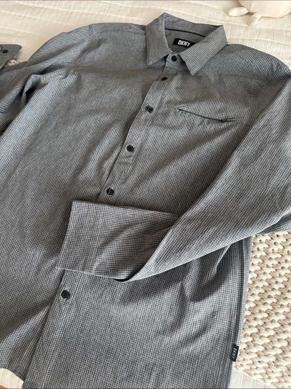 DKNY Men's Gray Micro-Check Button-Down Shirt